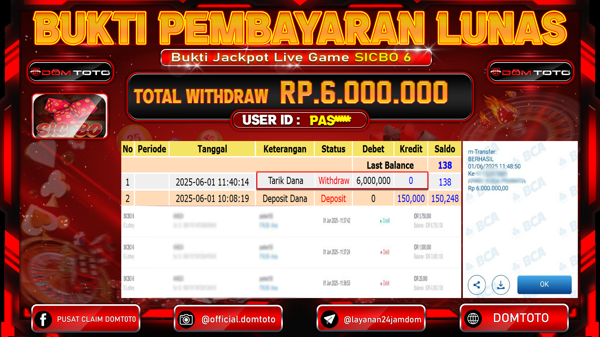 JACKPOT LIVE GAME SICBO 6 01 JUNI  2025